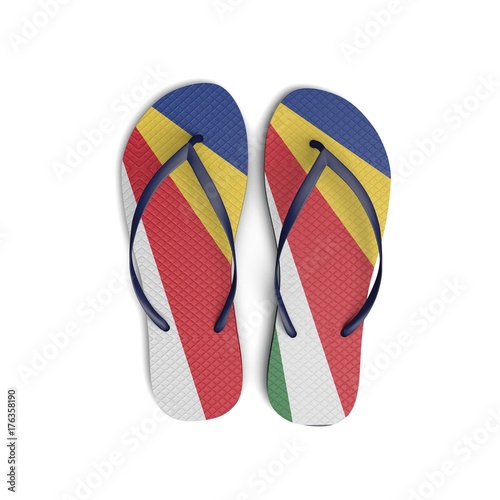 Seychelles flag flip flop sandals on a white background. 3D Rendering