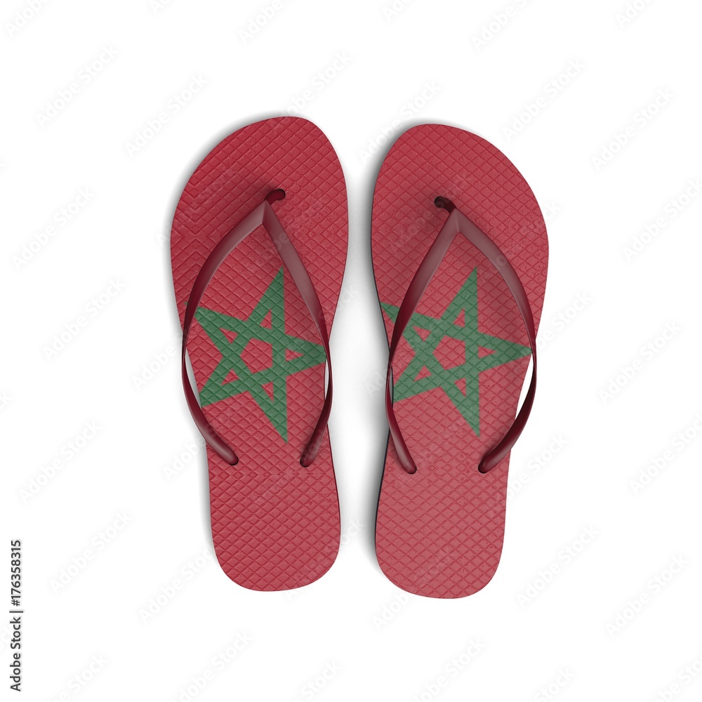 Morocco flag flip flop sandals on a white background. 3D Rendering Morocco flag flip flop sandals on a white background. 3D Rendering