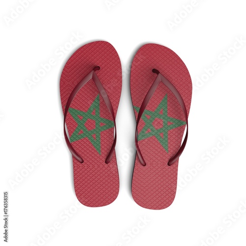 Morocco flag flip flop sandals on a white background. 3D Rendering