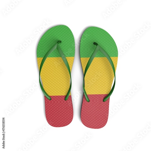 Mali flag flip flop sandals on a white background. 3D Rendering