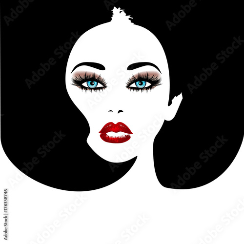 Woman's face with red lips and blue eyes. Vector fashion illustration. Black and white silhouette