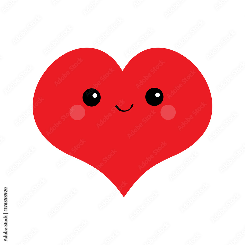 Red heart face head. Cute cartoon kawaii funny smiling character. Eyes,  mouth, blush cheek. Happy Valentines day sign symbol. Flat design style.  Greeting card. Isolated. White background. Stock Vector | Adobe Stock