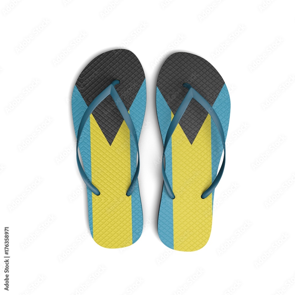Bahamas flag flip flop sandals on a white background. 3D Rendering Bahamas flag flip flop sandals on a white background. 3D Rendering