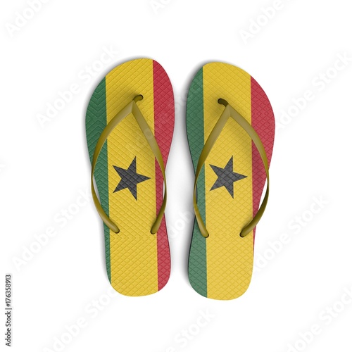 Ghana flag flip flop sandals on a white background. 3D Rendering