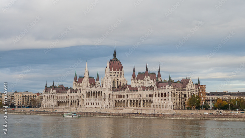 Hungarian Parliament Building situated on banks of the Danube river, Budapest, Hungary