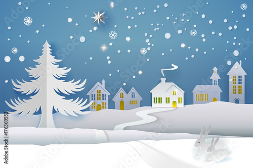 Paper cut and craft winter landscape with evergreen tree  house  snowman  moon and snowflakes. Holiday nature and christmas tree. Web banner. Vector illustration. Merry Xmas. Outdoor design
