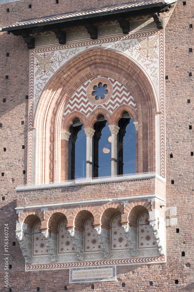 Balcony and window of the Sforza castle in Milan, Italy