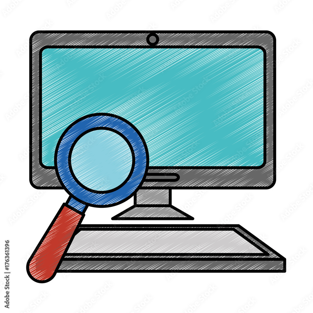 computer desktop with magnifying glass computer desktop with magnifying glass