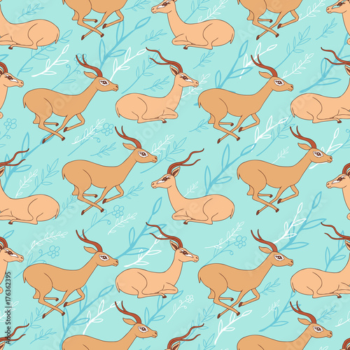 Seamless pattern, Decorative Gazelle hand drawn vector cartoon doodle animal illustration, running and sitting African safari antelope with curved horn, line art flowers isolated on blue background