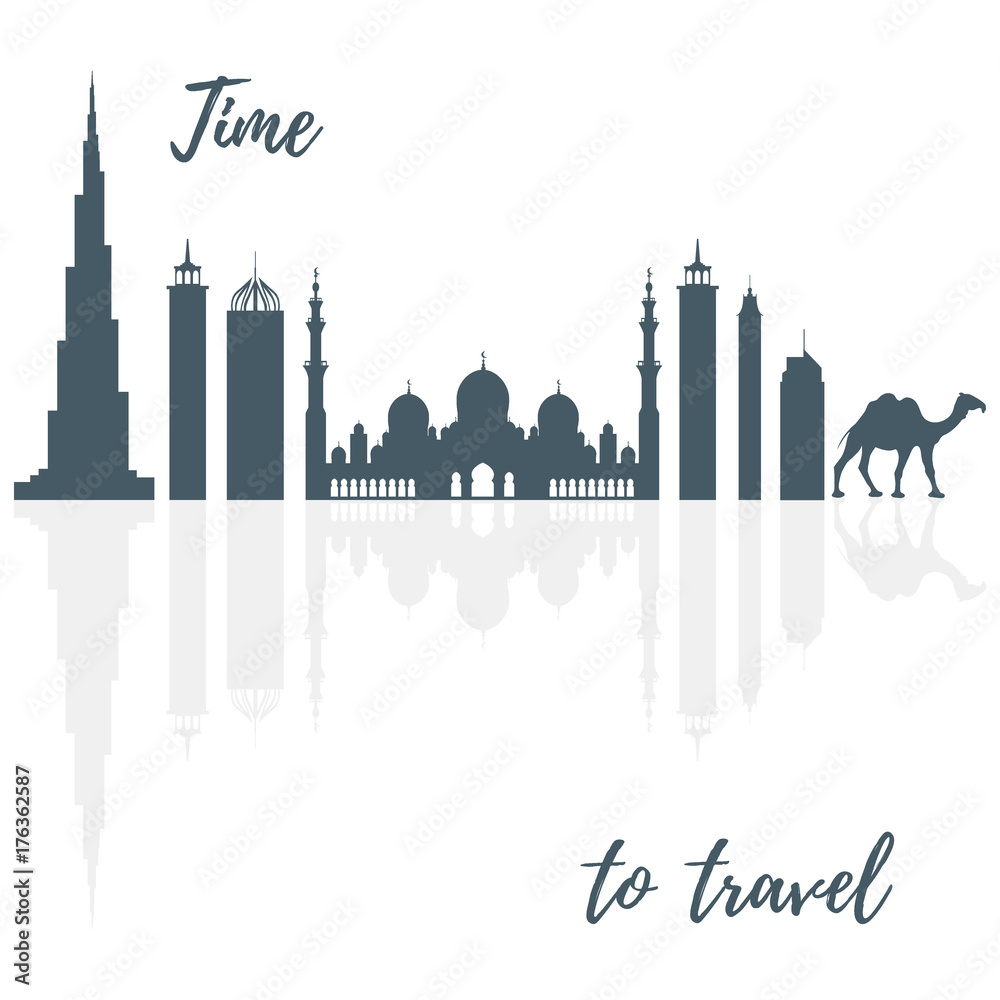 Fototapeta premium Vector illustration of United Arab Emirates skyscrapers silhouette and camel. Dubai and Abu dhabi buildings.
