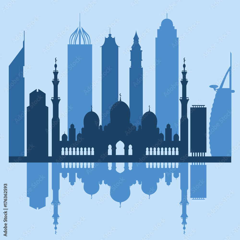 Obraz premium Ilustracja wektorowa sylwetka drapacze chmur w Zjednoczonych Emiratach Arabskich. Budynki Dubaju i Abu Dhabi.
