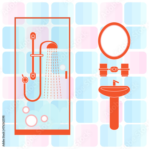 Cute vector illustration of bathroom interior design: shower cabin, washbasin, mirror and other.