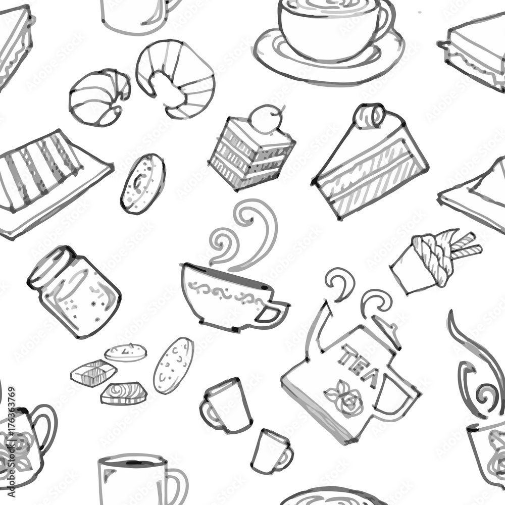 various coffee,cake,cupcake,Sandwich,cookie , appetizer and beverage seamless pattern sketch drawing line vector with white background various coffee,cake,cupcake,Sandwich,cookie , appetizer and beverage seamless pattern sketch drawing line vector with white background