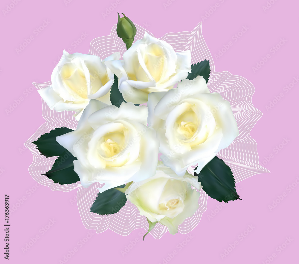Fototapeta premium bouquet with five wite roses on pink