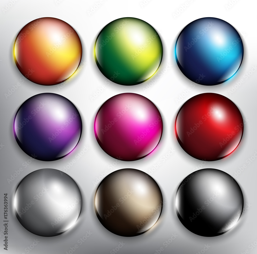 Abstract vector web buttons set of 9. Round web buttons. Isolated with realistic, transparent glass shine and shadow on the light background. Vector illustration. Eps10. Abstract vector web buttons set of 9. Round web buttons. Isolated with realistic, transparent glass shine and shadow on the light background. Vector illustration. Eps10.