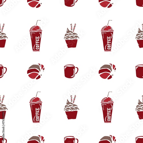various coffee,cake,cupcake,Sandwich,cookie , appetizer and beverage seamless pattern sketch drawing line vector with red brown white Themes cooler background