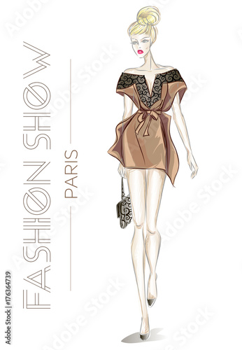 Fashion show in Paris advertising card with young beautiful sexy woman sketch style vector illustration