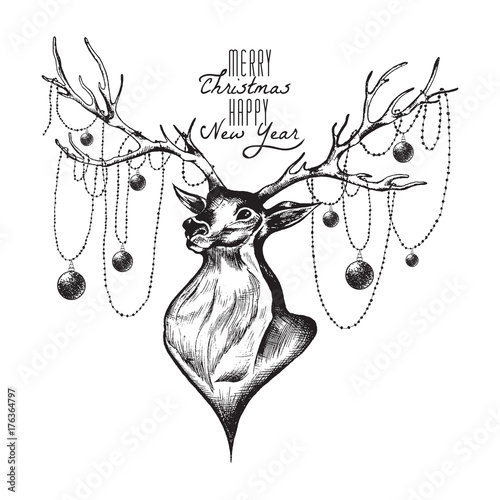 Cute deer, Merry Christmas and Happy New Year postcard, vector illustration