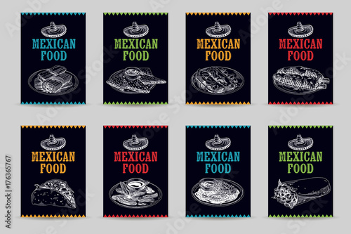 Vintage vector hand drawn mexican food sketch Illustrations set.