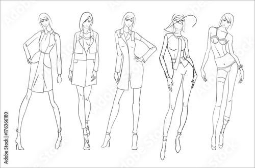 A set of fashionable sketches. Autumn-winter 2018. Fashionable girl on a white background.