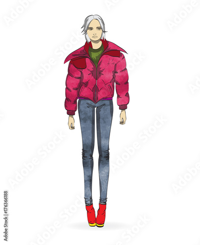 Autumn-winter 2018. An elegant girl in a casual style jacket on a white background. Vector illustration.