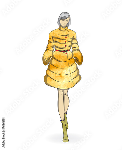Autumn-winter 2018. An elegant girl in a jacket on a white background. Vector illustration.