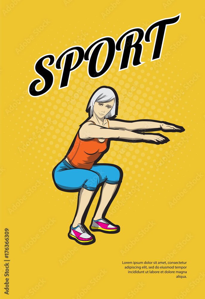 A young athlete performs squats. Pop art retro vector illustration. Sport and a healthy lifestyle A young athlete performs squats. Pop art retro vector illustration. Sport and a healthy lifestyle