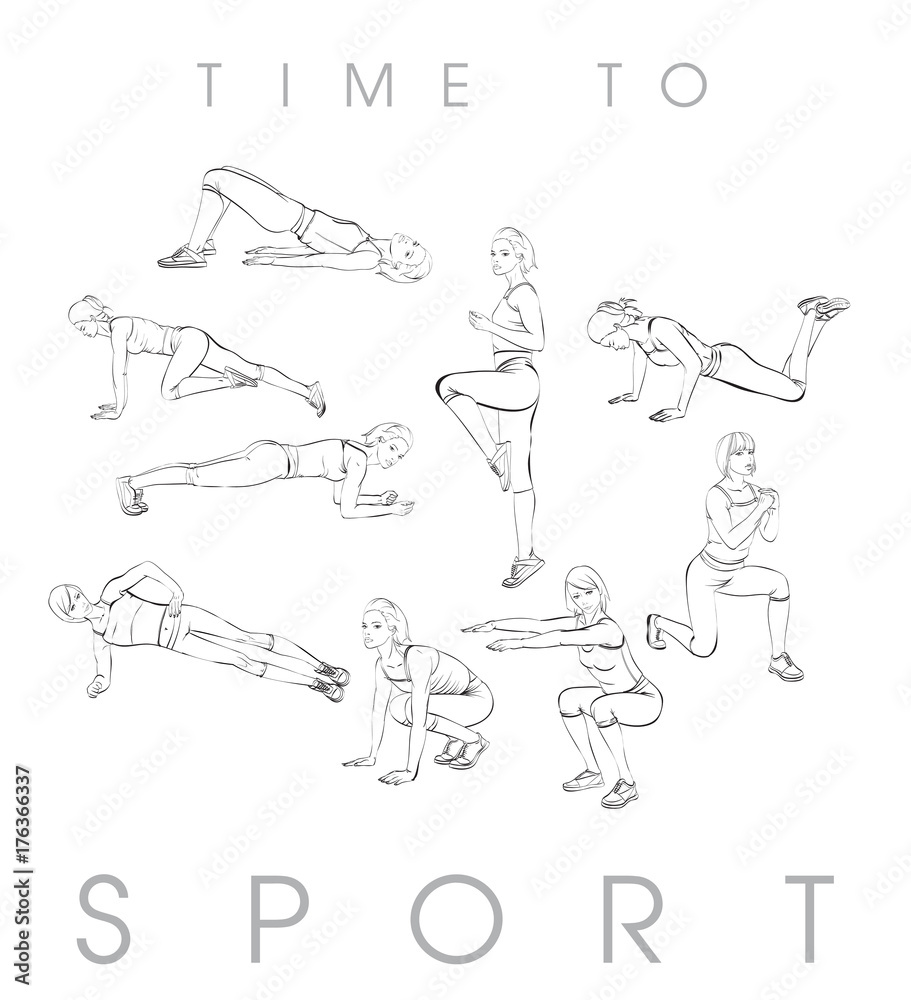 A young athlete performs exercises. Set of vector sketches of illustrations. Sport and a healthy lifestyle A young athlete performs exercises. Set of vector sketches of illustrations. Sport and a healthy lifestyle