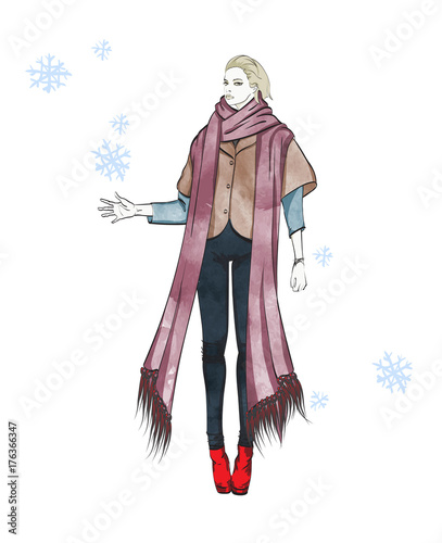 Lovely girl in autumn on a white background with snowflakes. Vector illustration