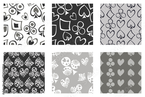 Set of seamless vector patterns with icons of playings cards. background with hand drawn symbols. Grey Decorative repeat ornament. Series of Gaming and Gambling Seamless vector Patterns.