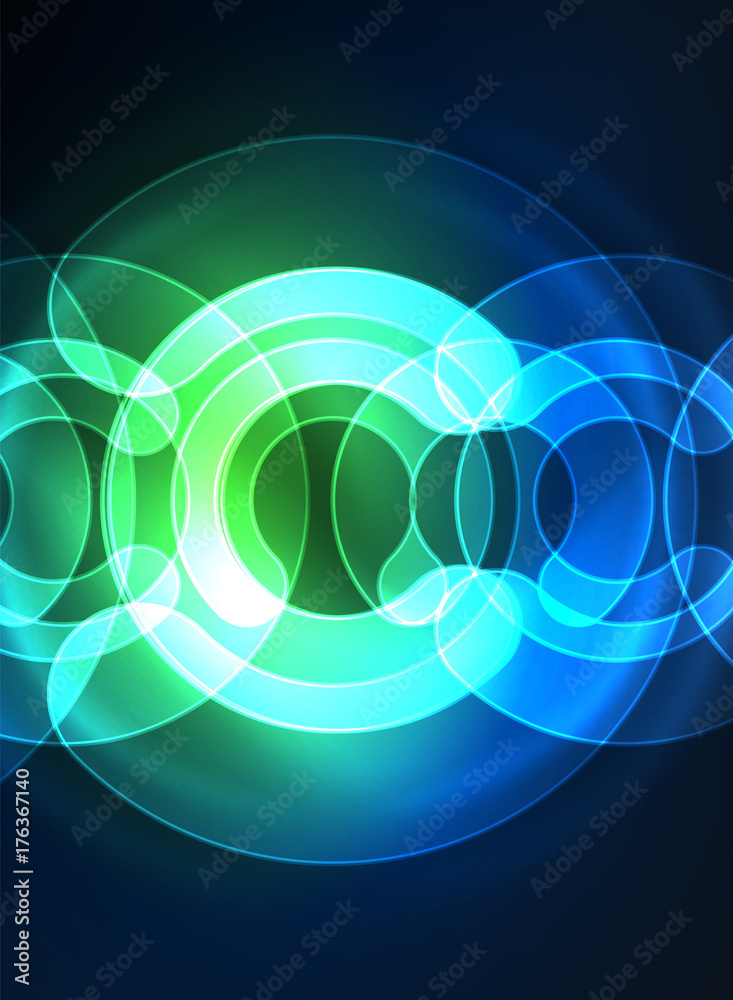 Round glowing elements on dark space, abstract background Round glowing elements on dark space, abstract background