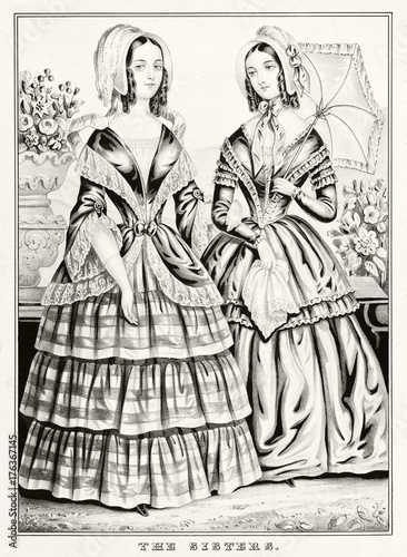 Vintage illustration in gray tone of two young ladies wearing ancient clothes
