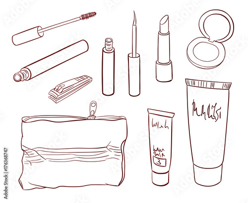 cosmetic accessories line art. Make up design elements: cosmetic bag, nail clippers, mascara, eyeshadow, eyeliner, cream tube, lipstic
