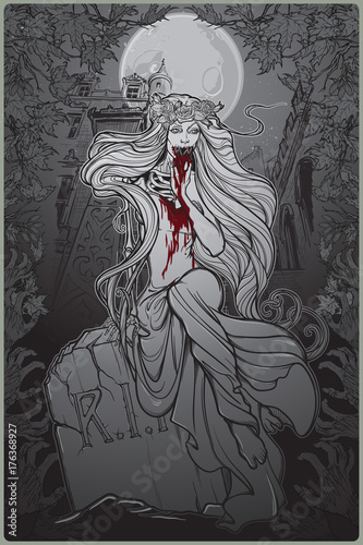 Dead bride. Zombie girl with a sewn up mouth, blood stained hands and dress sitting on a toumbstone. Gothic style poster with decorative frame and background. EPS10 vector illustration