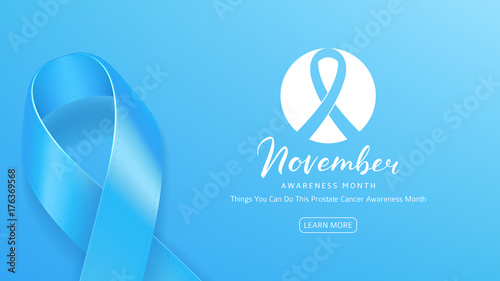 Prostate Cancer Awareness Month Web Banner. Light Blue Background with Satin Ribbon and Lettering. Men Healthcare concept logo. Vector Illustration.