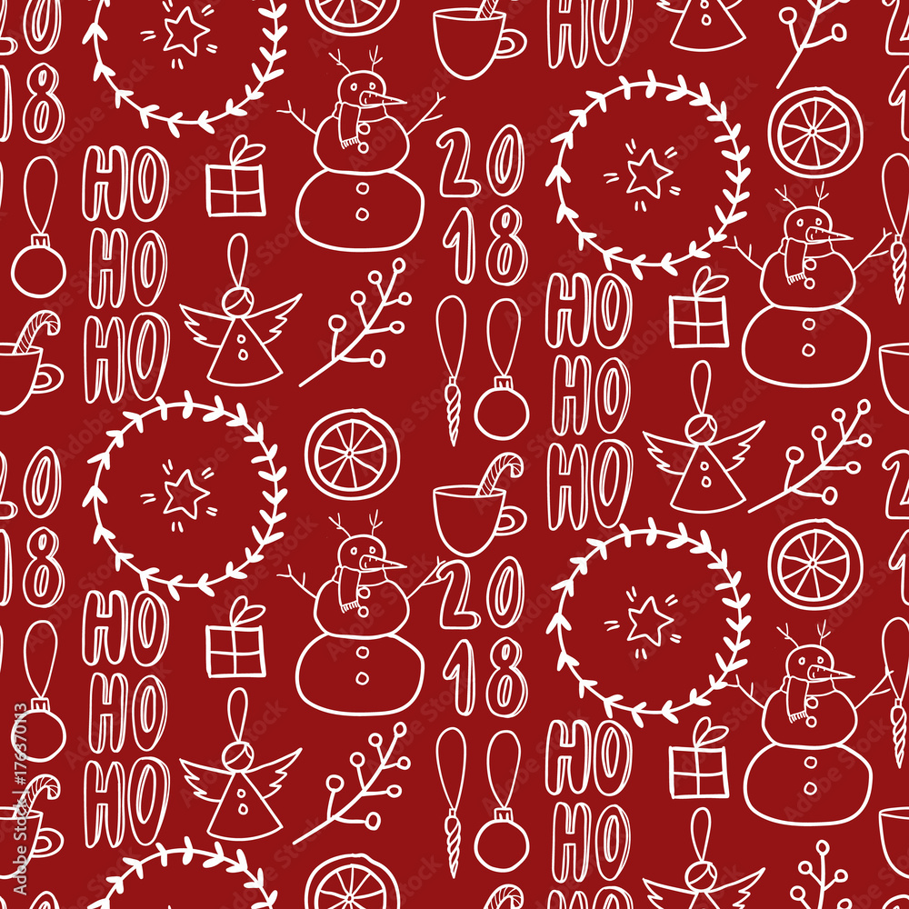 Vector seamless pattern. Simple black white doodle. Snowman, garland, citrus, angel, present, twig on red. Xmas, New Year wrapping paper, greeting card, party decoration, flyer, banner, invitation