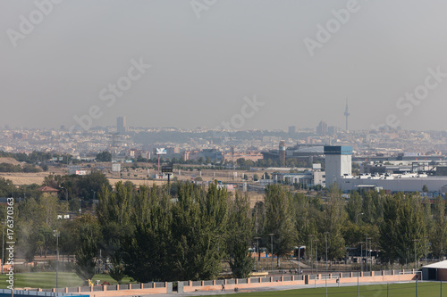 Skyline of Madrid with the air polluted by pollution and pollution of cars