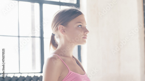 Stretching of Yoga closeup girl coach in home photo