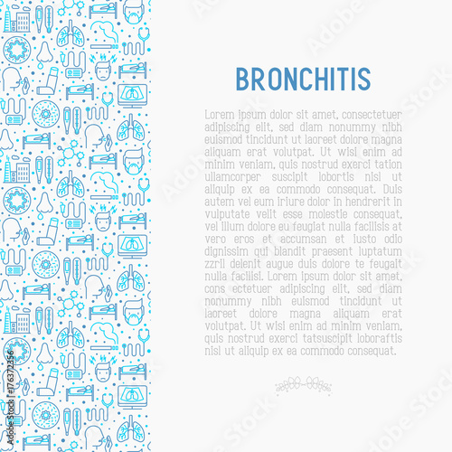Bronchitis concept with thin line icons of symptoms and treatments: headache, alveolus, inhaler, nebulizer, stethoscope, thermometer, x-ray, bed rest. Vector illustration.