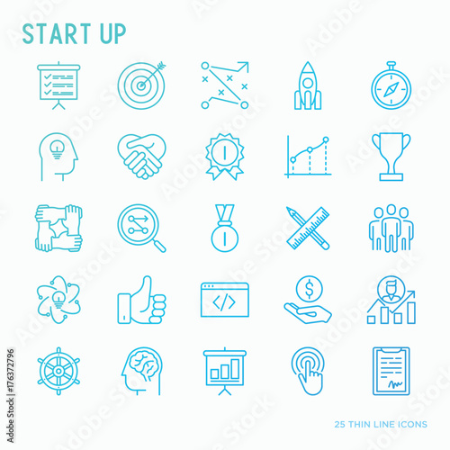 Start up thin line icons set of development, growth, success, idea, investment. Vector illustration for banner, web page, print media.