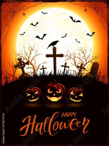 Halloween theme with pumpkins and raven on cemetery with Moon