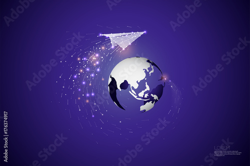 The particles, geometric art, line and dot of world and rocket paper