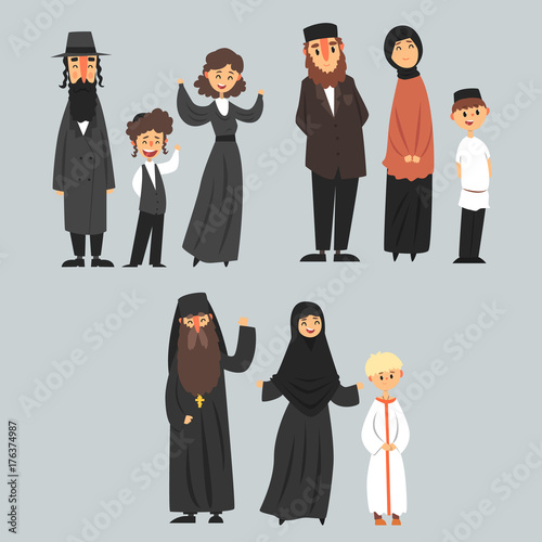 People of different religions in traditional clothes, Jewish, Muslim, Orthodox family vector Illustrations