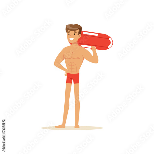 Male lifeguard in red shorts standing with life preserver buoy, professional rescuer on the beach vector Illustration