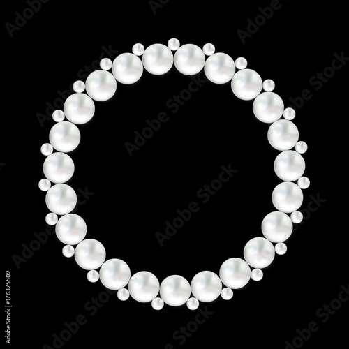 Pearl white bead round frame on black background