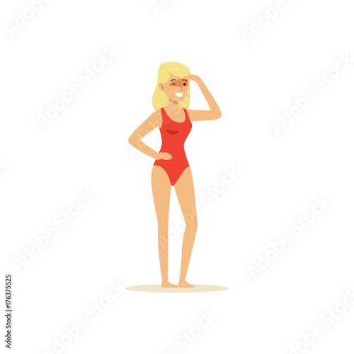 Female lifeguard in a red swimsuit looking into the distance, rescuer professional vector Illustration