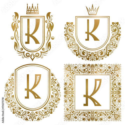 Golden vintage monograms set. Heraldic logos with letter K.