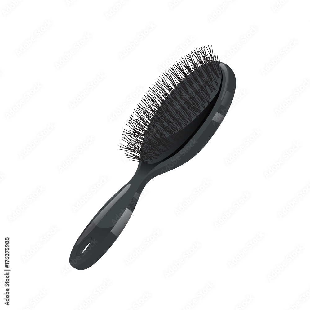 Cartoon trendy style black plastic hair brush for styling. Nylon bristle. Vector professional salon accessory illustration. Cartoon trendy style black plastic hair brush for styling. Nylon bristle. Vector professional salon accessory illustration.