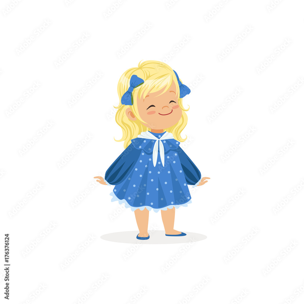 Beautiful blonde little girl posing in blue dress, young lady dressed up in classic retro style vector Illustration Beautiful blonde little girl posing in blue dress, young lady dressed up in classic retro style vector Illustration