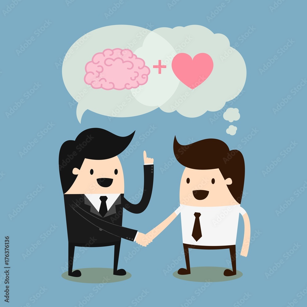 Two business people shaking hands. Friendly handshake between brain and heart concept illustration vector.